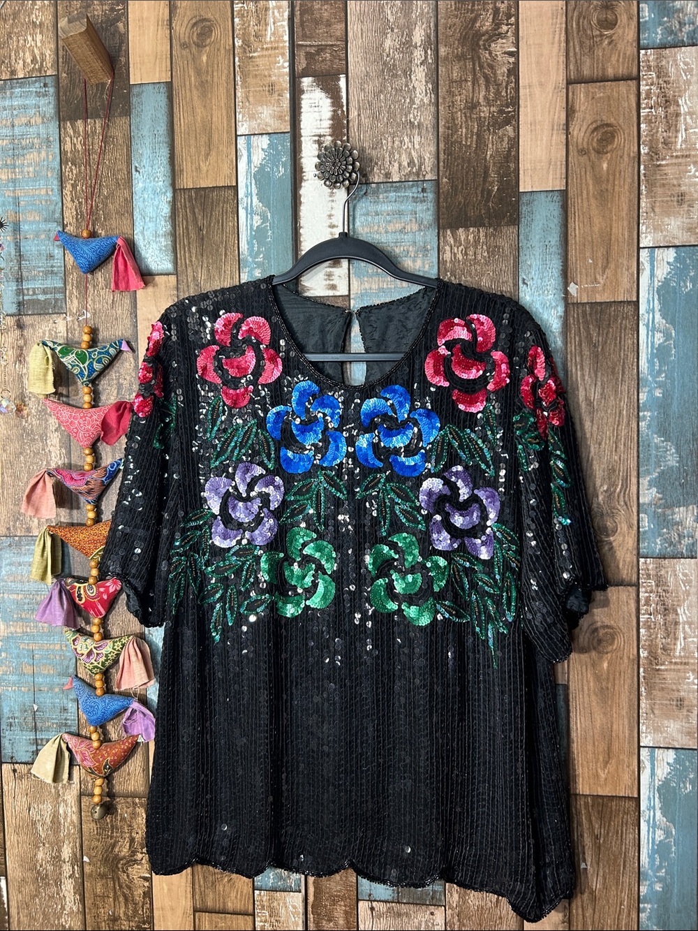 Black Sequin Long Sleeve top with Multicolor Floral Embroidery